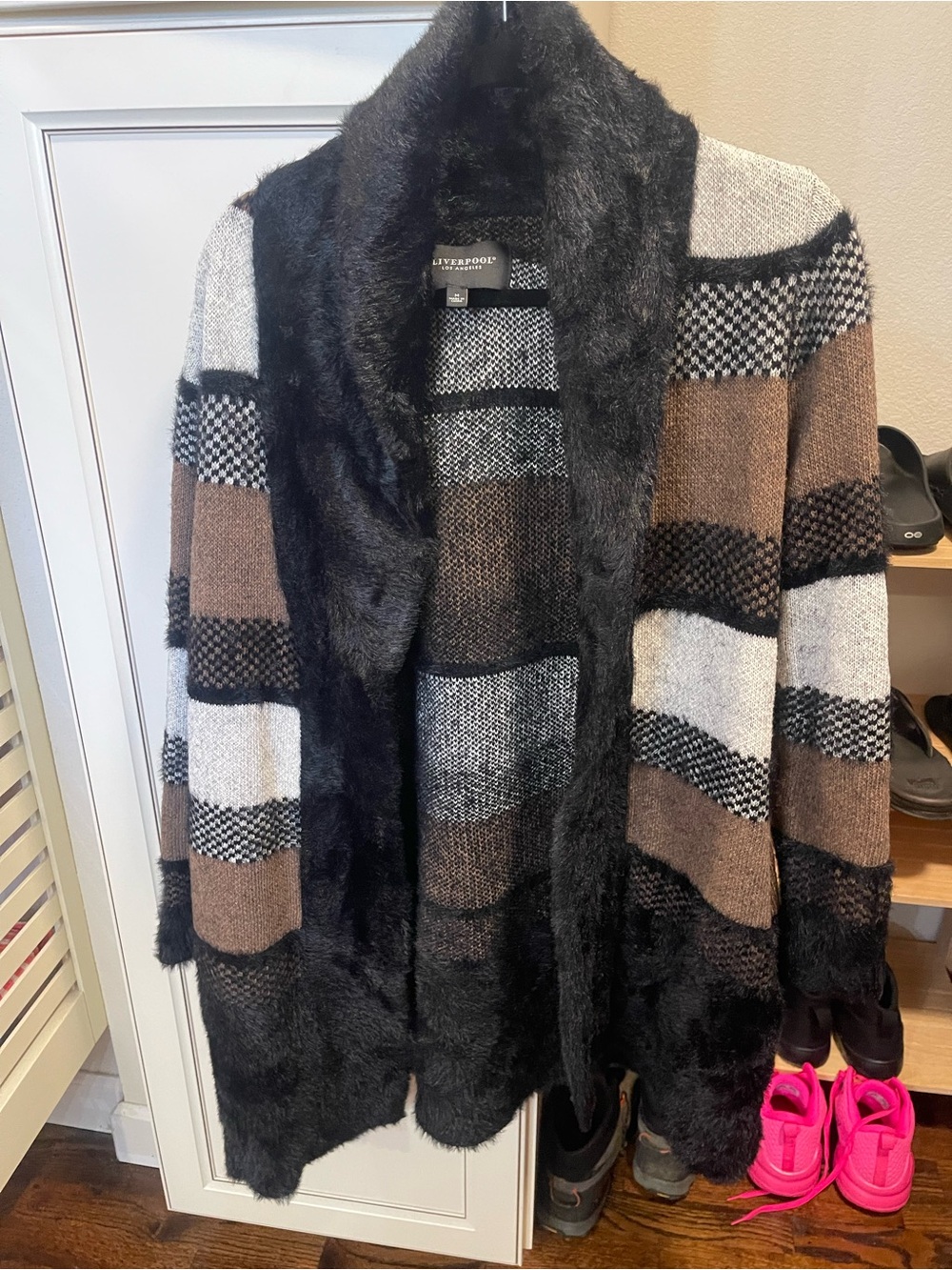 Liverpool Black, Brown & Cream Striped Faux-Fur Trim Cardigan